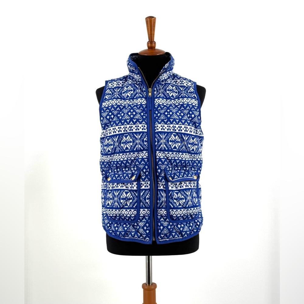 J. Crew Fair Isle Excursion Quilted Down Puffer Vest Blue Size Small